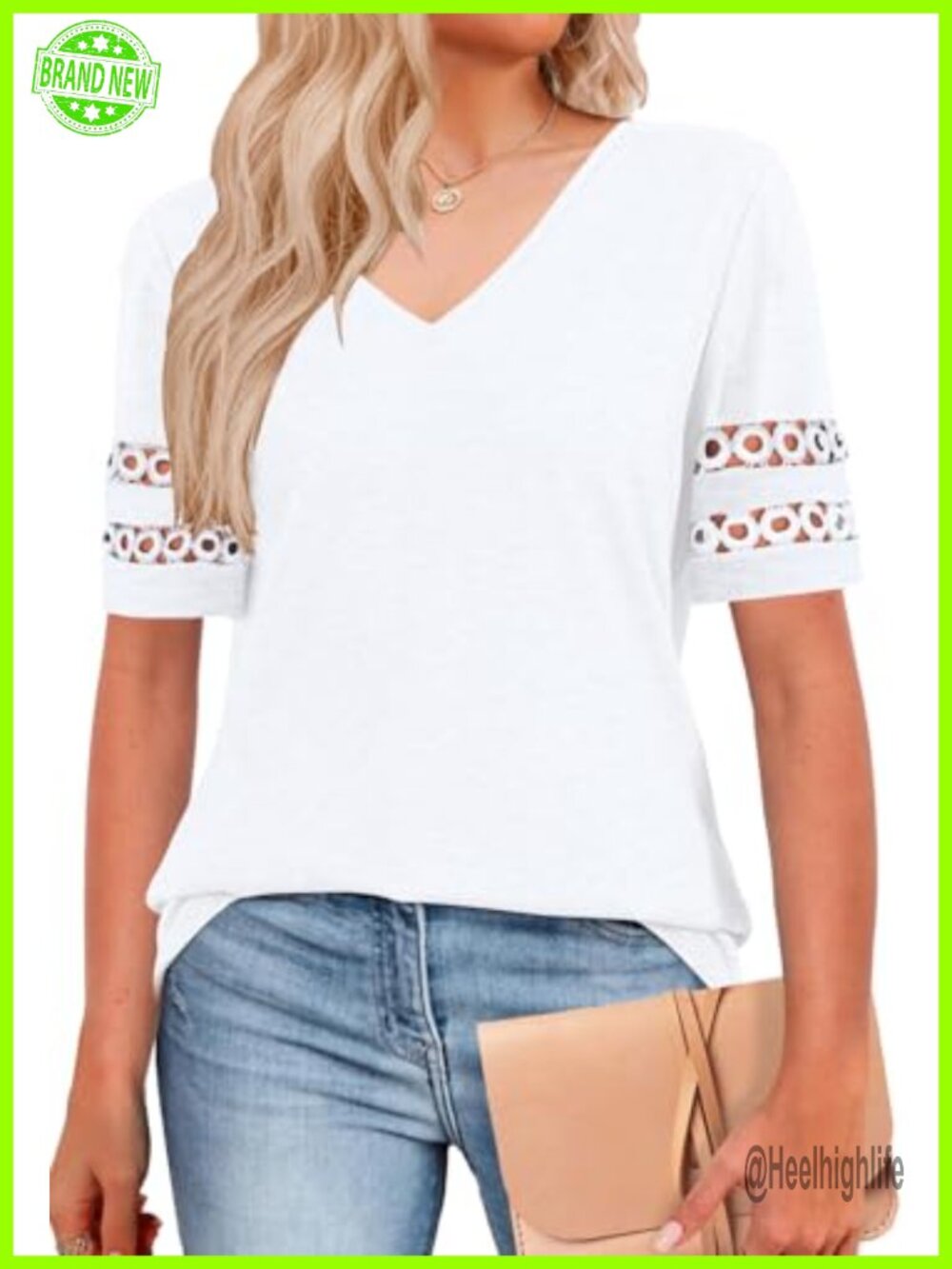 Womens Summer Tops Short Sleeve V Neck Lace Detail Loose Fit Casual Tee